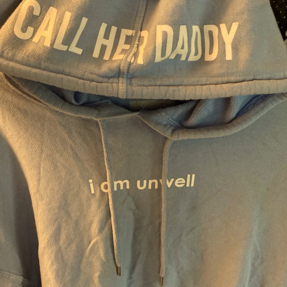 small baby blue crop top hoodie "call her daddy" barstool